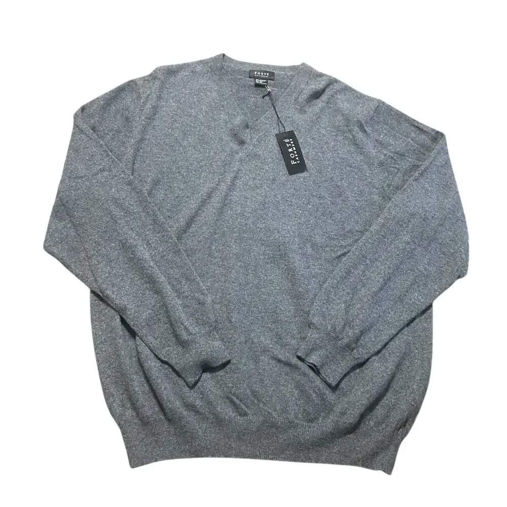 NWT Forte Sweater Mens XL Dark Gray Pure Cashmere V Neck Knit Jumper